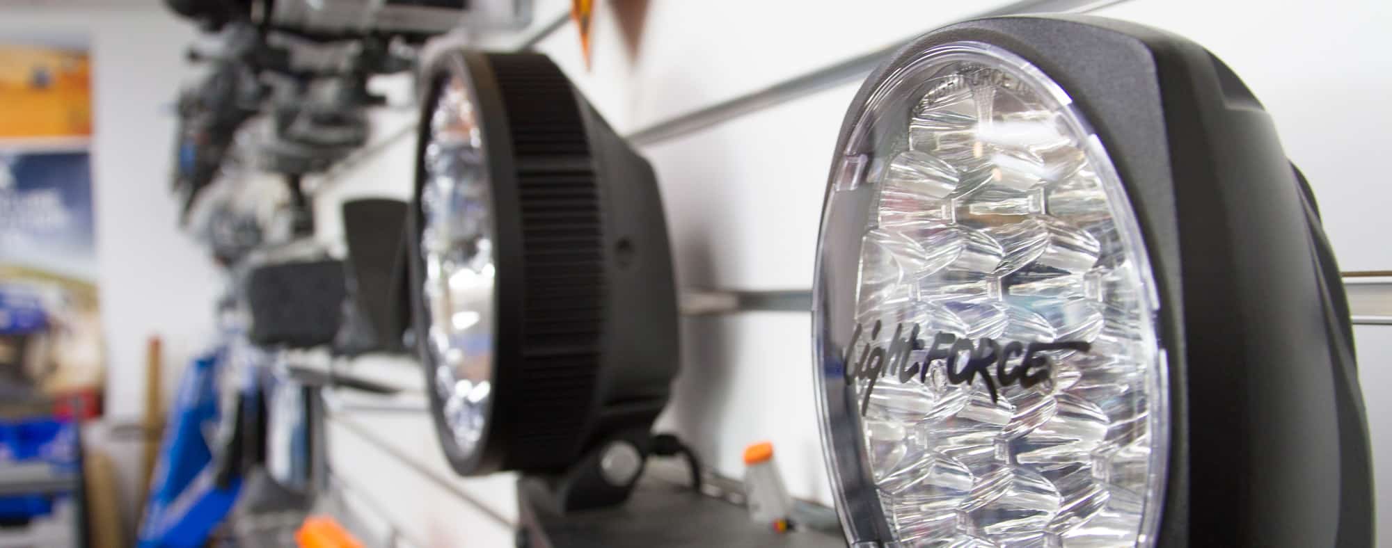 Close-up of spotlights on wall in showroom - spotlights Bathurst - Offroad 4x4 accessories